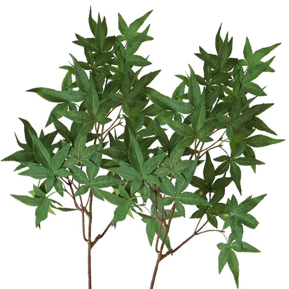 HAOSHICS 2Pcs Artificial Maple Leaves Branches,Fake Silk Maple Leaves Bundles,Faux Shrubs Bushes for Home Kitchen Garden Office Hotel Wedding Festival Decoration (Green)