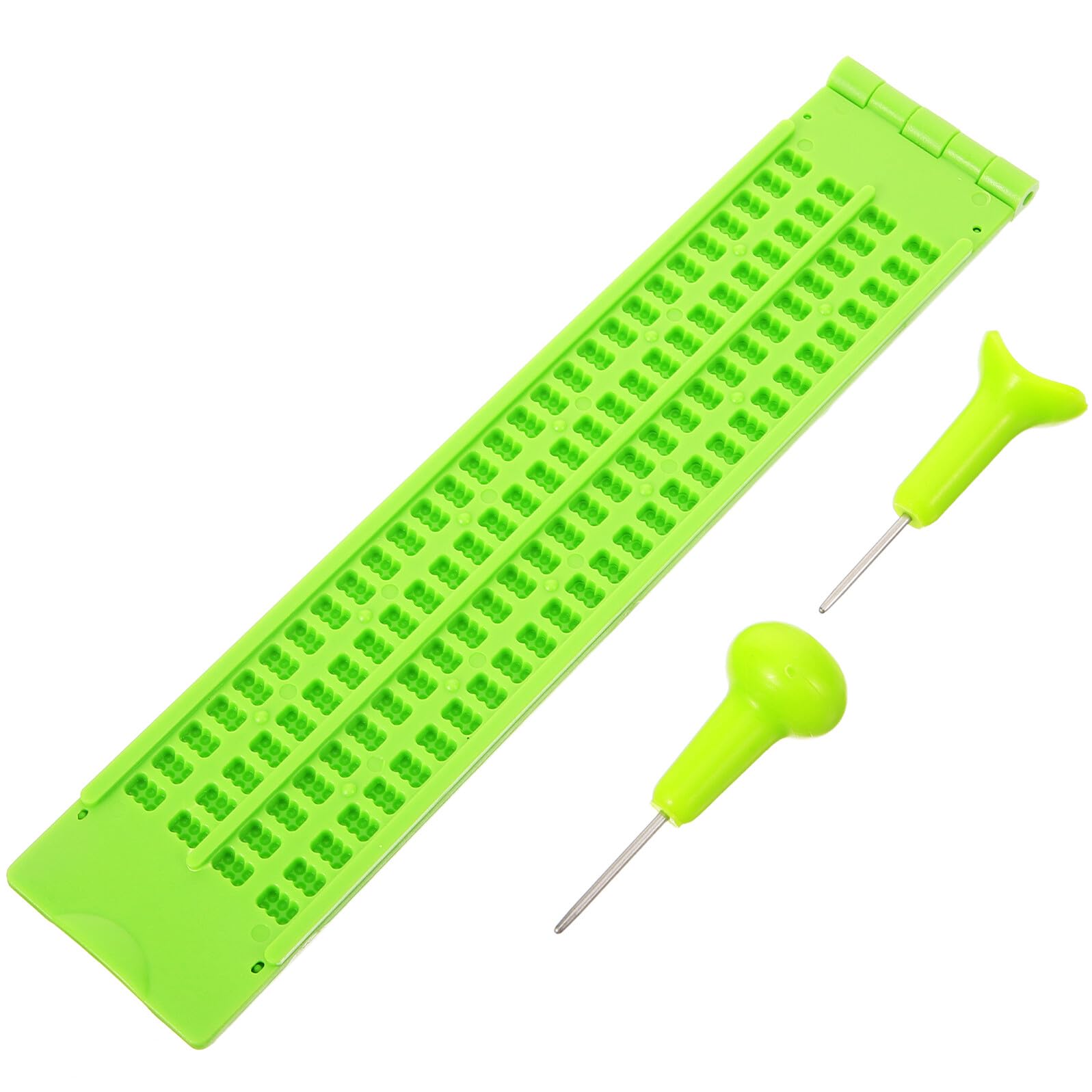 FUOYLOO Juego de tablero de escritura braille con 28 celdas, kit de diapasón braille de plástico con 2 lápices capacitivos para aprendizaje ciego y ayuda para discapacidad visual, color verde