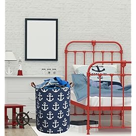 Sanjiaofen Kids Hamper,Collapsible Laundry Baskets,Waterproof Storage Baskets with Leather Handle,Nautical Decor,Toy Organizer (Navy Blue Anchor)