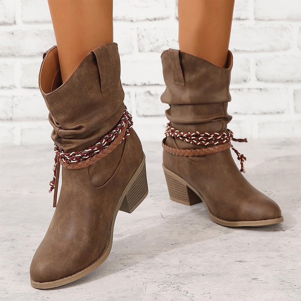 Bottes Femmes de Cowboy Motard Suède Vintage Loisir Bottines Bloc Talon