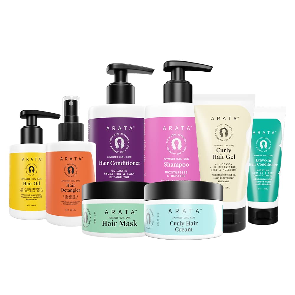 Arata Advanced Curl Care Complete Regime | 8 Potent, Sulfate & Paraben Free Curl Formulas | For Rough & Coarse Curls | Intensely Moisturises, Deep Conditions, Strengthens & Defines Curls | CG Approved