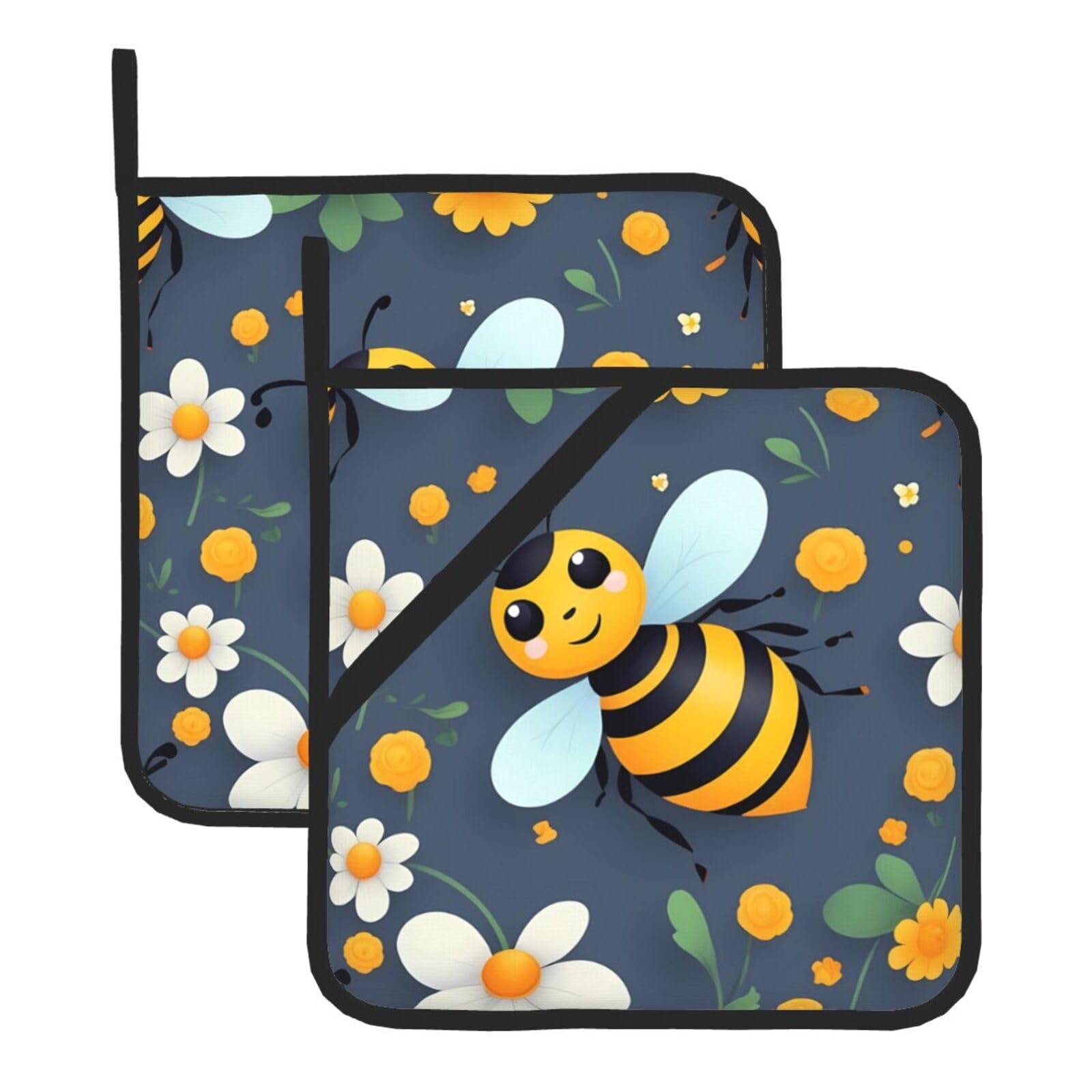 HJFCZH Cartoon Bee Pattern Printed Square Insulated Pot Mat Set (2-Piece) 8x8in Waterproof, Thickened & Easy to Clean with Lanyard Design for Kitchen, Oven & BBQ