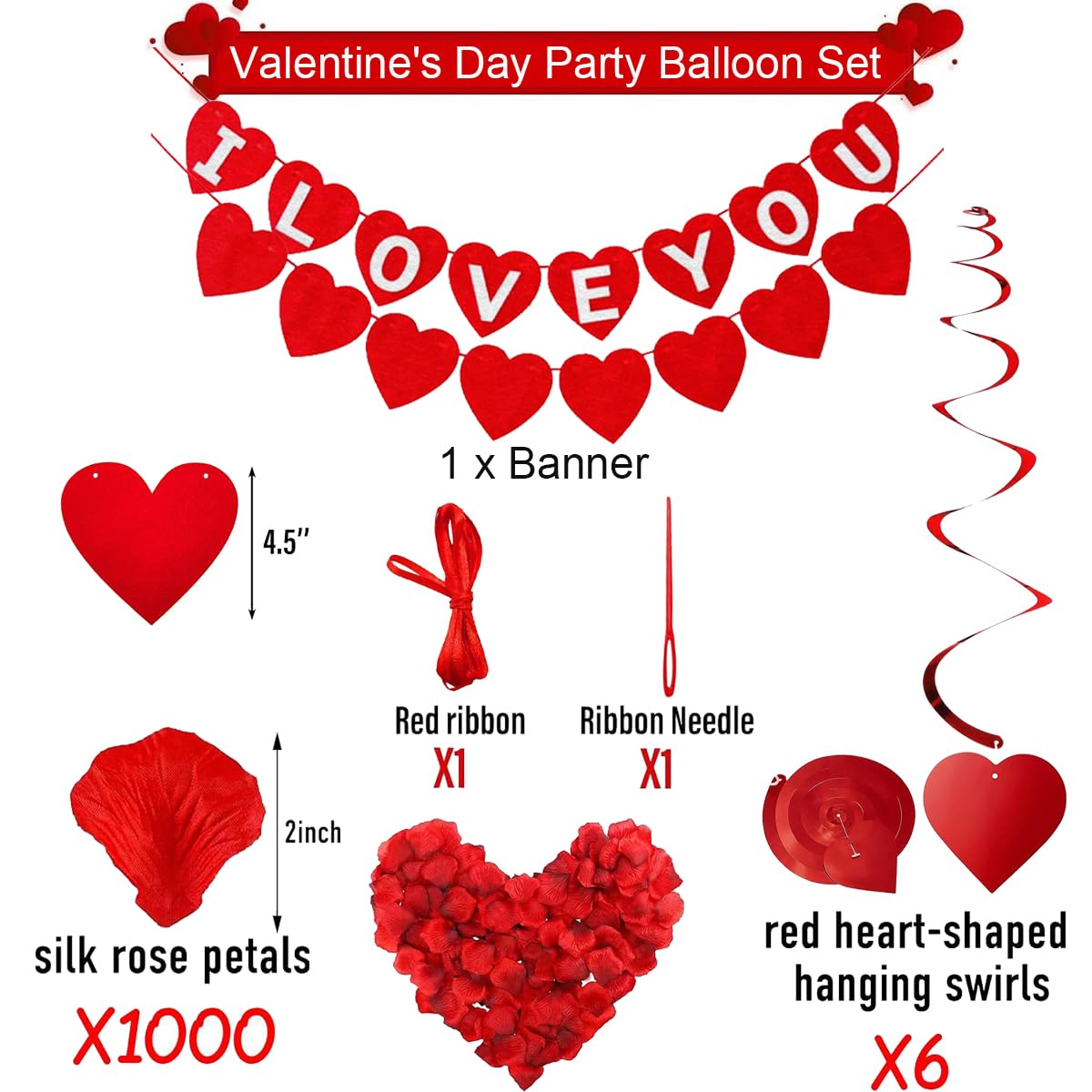 Balon foliowy w kształcie serca, czerwony, balony w kształcie serca, romantyczny zestaw dekoracyjny, 1000 płatków róż, 26 balonów w kształcie serca, dekoracja na romantyczną atmosferę,