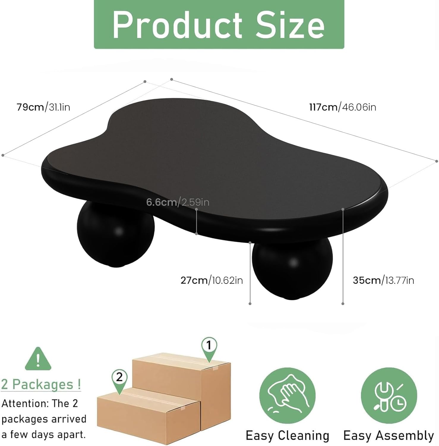 Cloud Shape Coffee Table Modern Wooden Irregular Cute Central Wavy Center Table, Indoor End Tables Black Coffee Tables with 3 Ball Legs for Living Room Bedroom (D46IN)