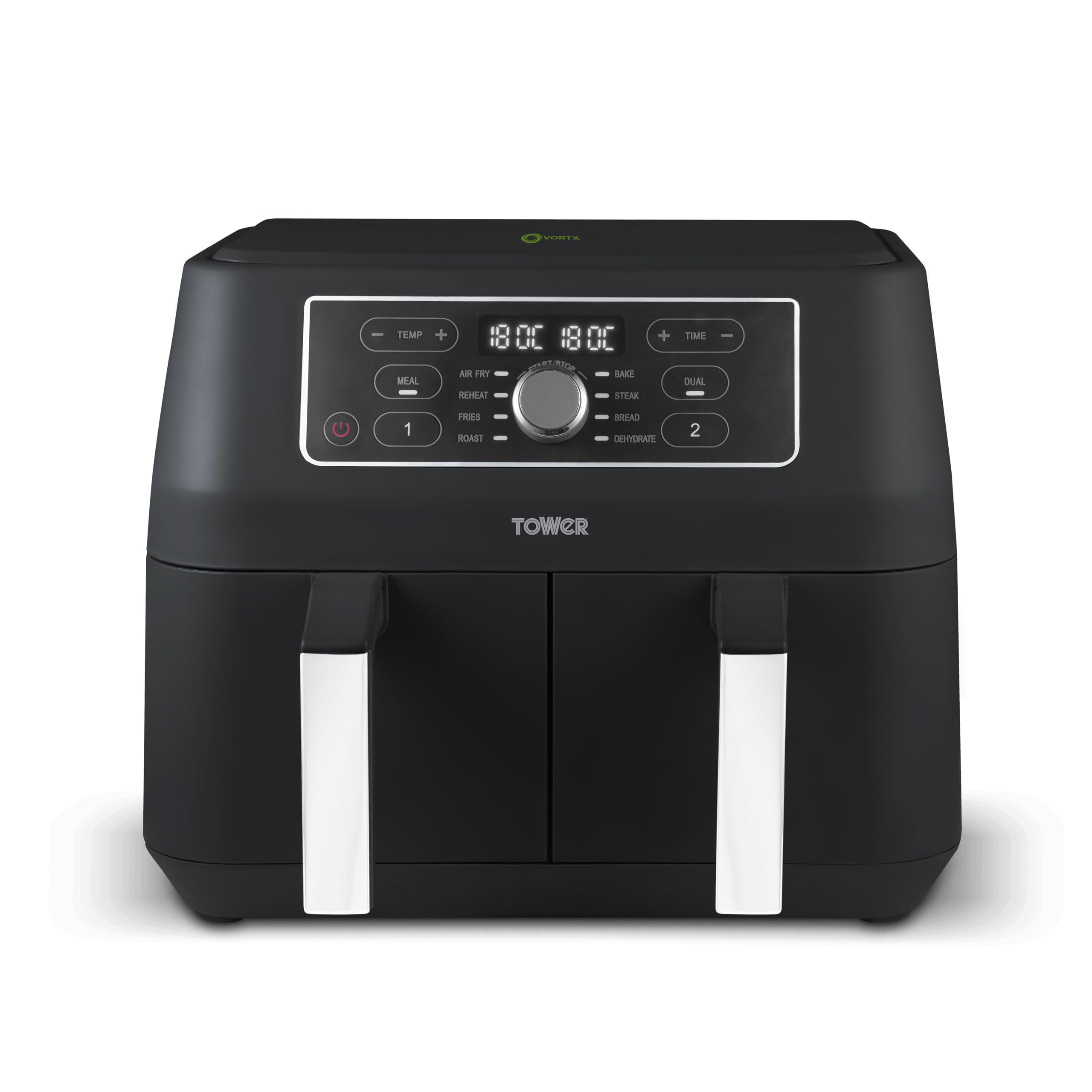 Tower T17181AFR Vortx Dual Basket Air Fryer with Digital Touch Display, Dual Function, 8 Presets, 8L, 2460W, Black