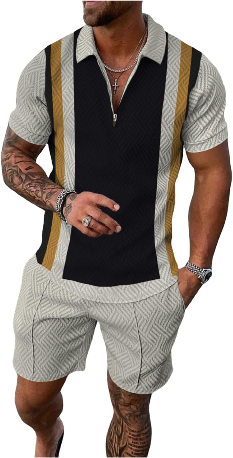 Mens 3D Digital Printing Fashion Casual Sweatshirt Men's Zip Lapel Casual Print Polo Shirt Shorts 2 Pieces Set