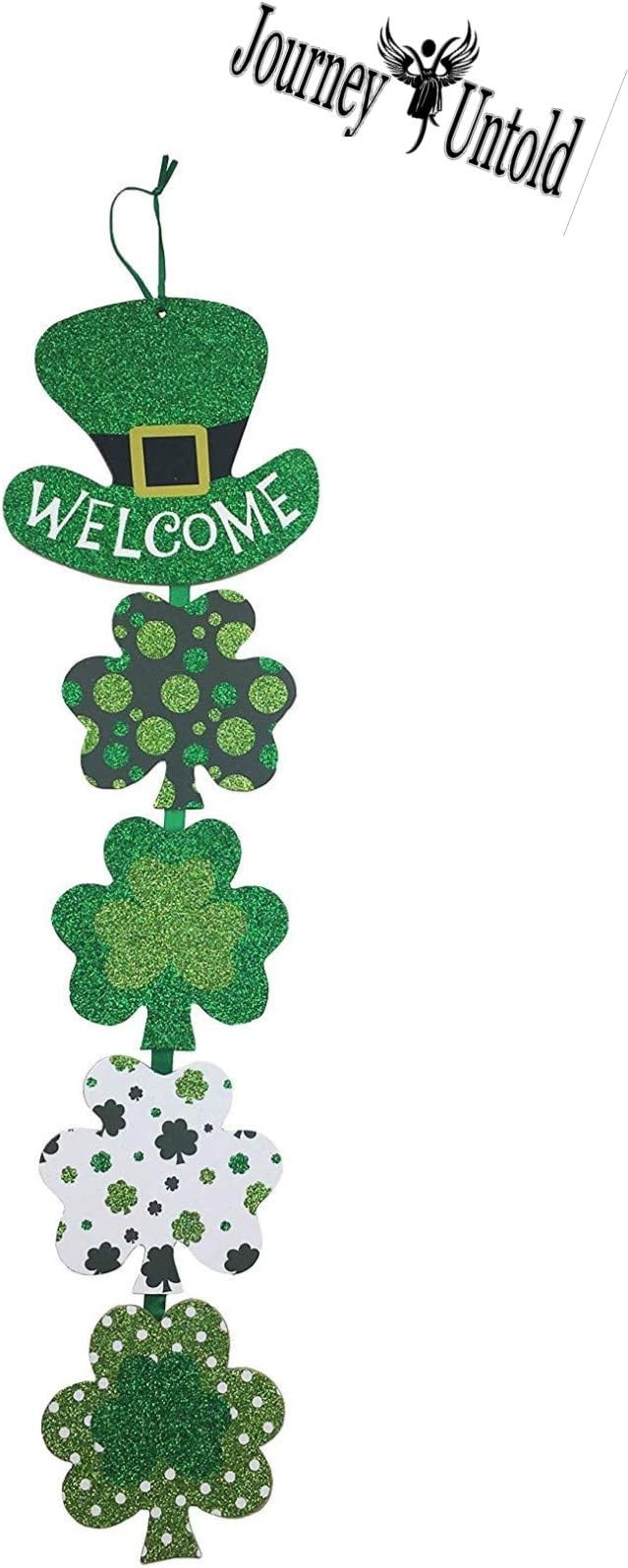 St Patrick Fun Cute (Bonus Glitter SHIMMERS) Day Decoration Wall Hanging Welcome Wood Sign - Shamrock