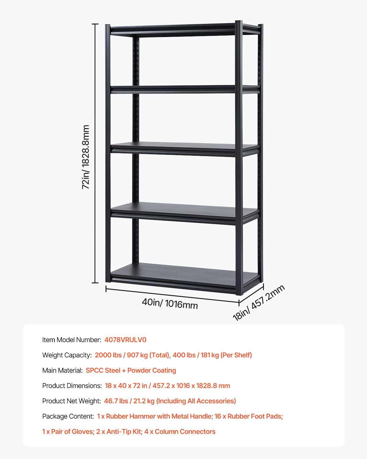 VEVOR Regał magazynowy, 907 kg, regał wtykowy, regał piwniczy, wytrzymały, regulowany regał garażowy z metalu, 5 poziomów, 457,2 x 1016 x 1828,8 mm, regał magazynowy, do kuchni, warsztatu, piwnicy,