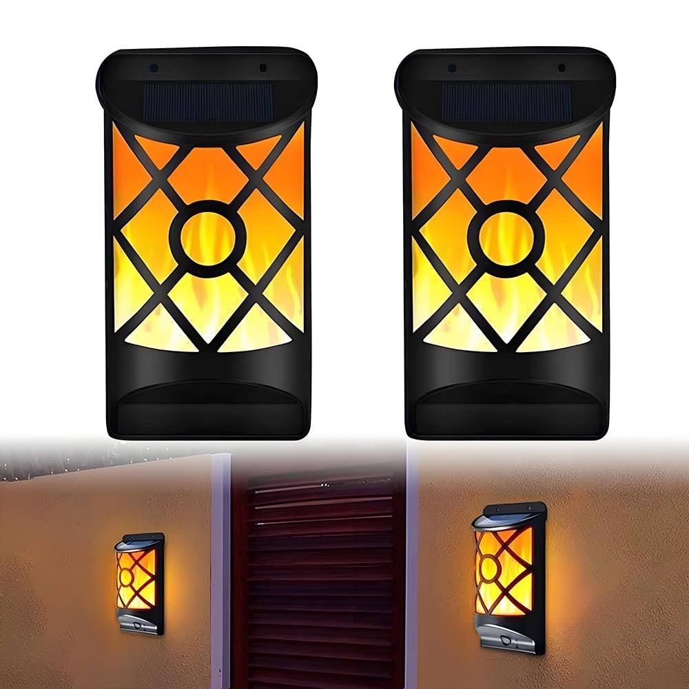 Yofhpt Warm White Light 2Pcs Solar Wall Lights Outdoor, Flickering Flame Solar Lights Outdoor Garden, Flame Effect So-Lar Garden Lig-Hts For Yard, Pathway, Driveway, Garage, Stairway, Gate, Wall Patio, Fence