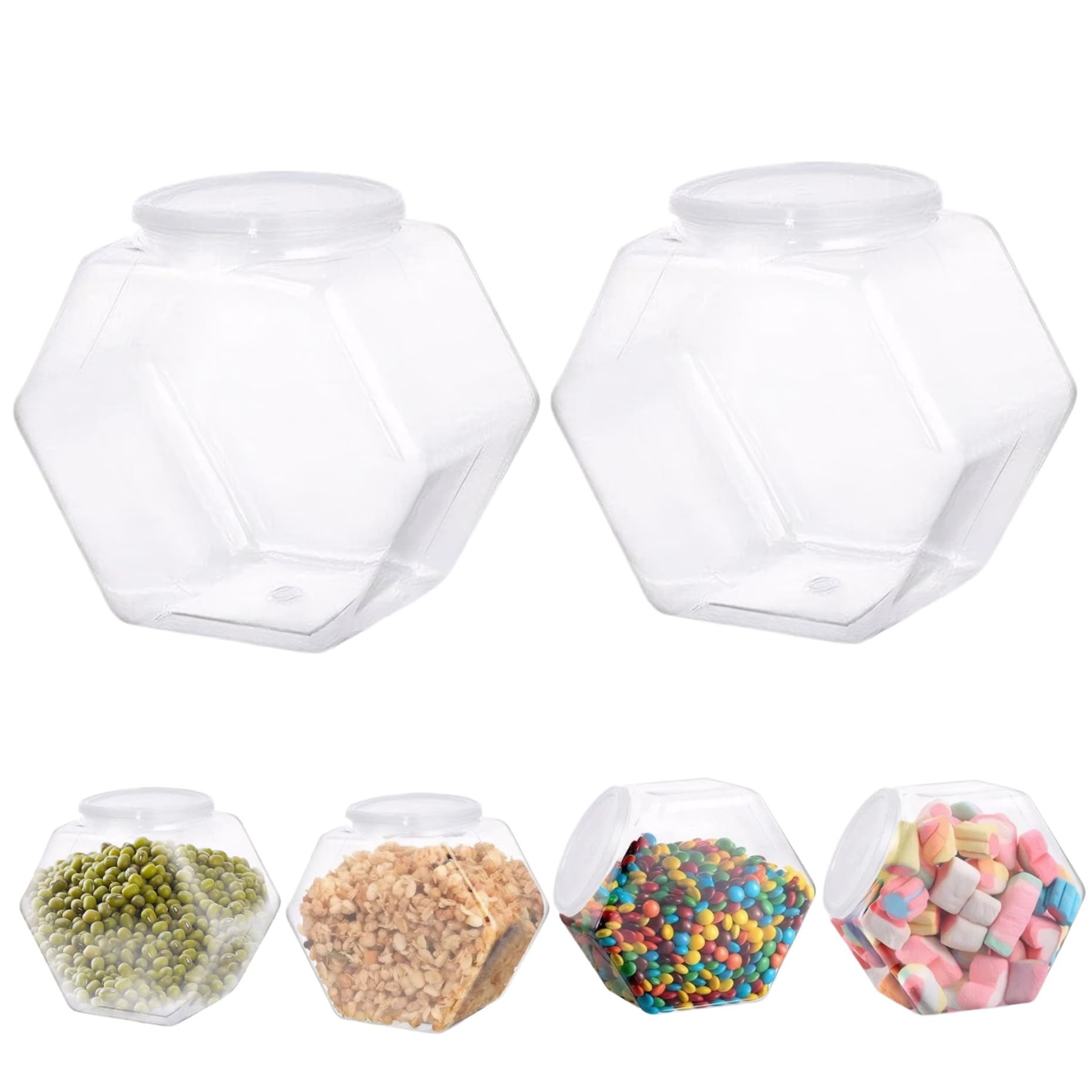 Barattoli per caramelle in plastica trasparente esagonale da 2 pezzi da 3800 ml con coperchio, contenitori per biscotti a bocca larga, barattoli riutilizzabili infrangibili per snack, biscotti