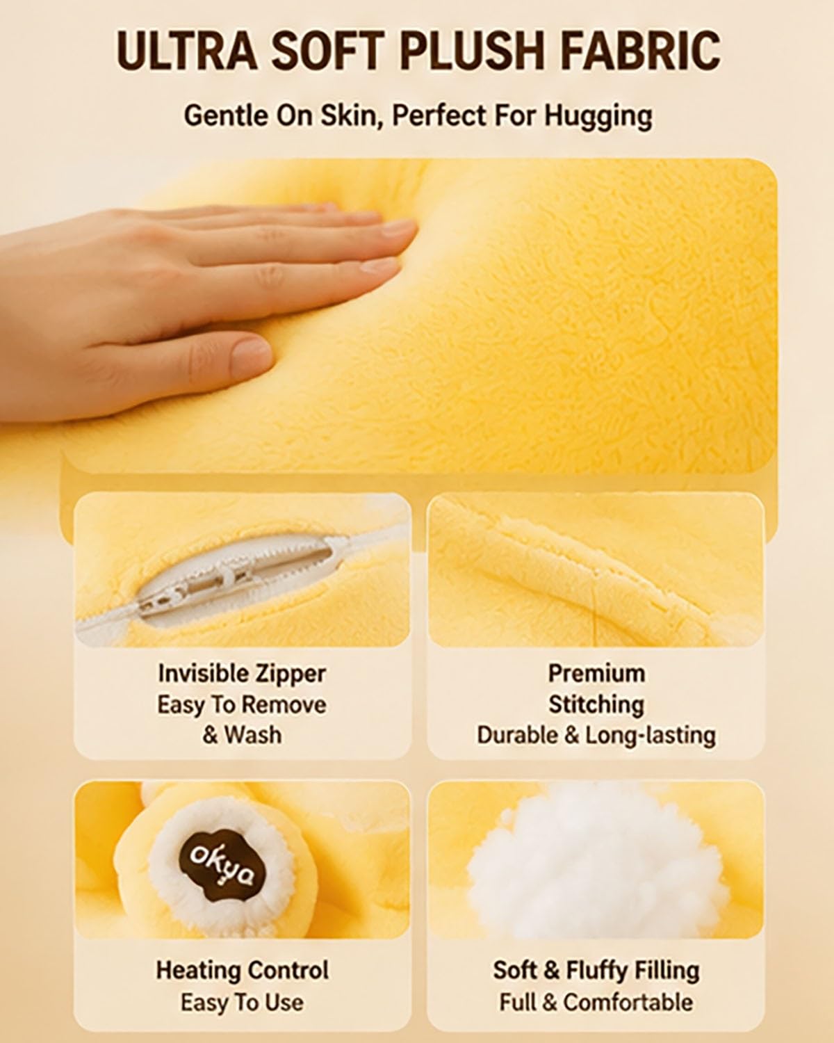 Cuscino abbracciante melanzana/mango, cuscino decorativo in peluche a forma di re di mango con telecomando e riscaldamento(Yellow Basic Model,L)