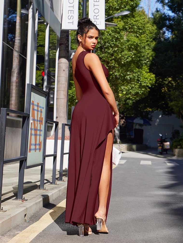 LAGSHIAN Women's Elegant Maxi Dress One Shoulder Sleeveless High Split Ruched Wedding Guest Long Dress - Image 7