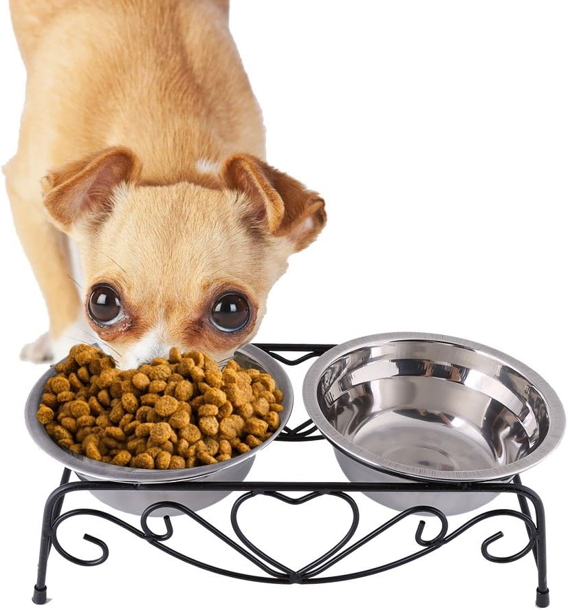 Stainless Steel Elevated Pet Bowls Set,Raised Pet Bowls Double Dog Cat Food Water Bowls Feeder Dishes with Shelf Iron Stand