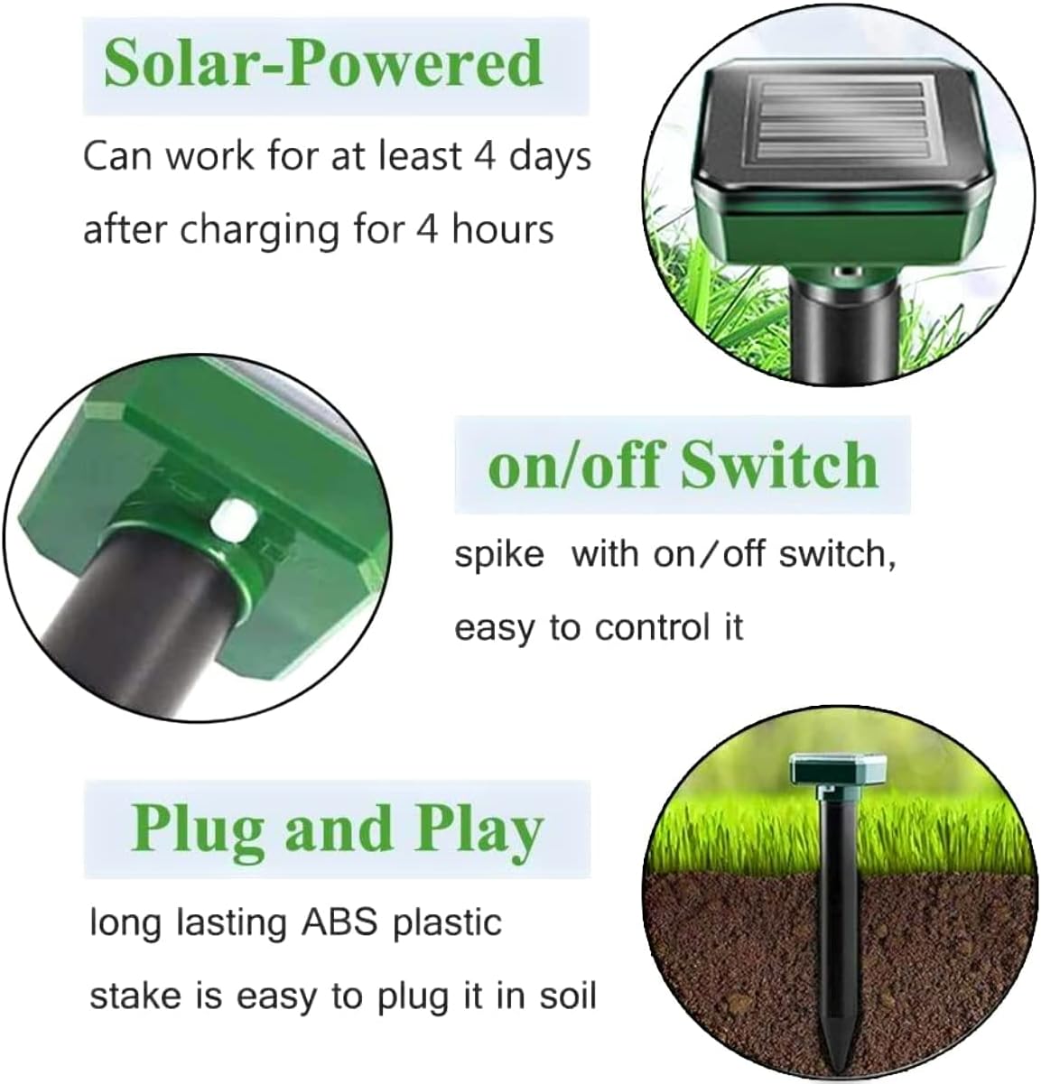 Solar Powered Mole Repellent Stakes - Safe and Quiet Ultrasonic Outdoor Pest Repellent Spike for Gopher, Vole, Groundhog and Shrews - Waterproof Outdoor Pest Deterrent for Lawn and Garden - 4 Pack : Patio, Lawn & Garden