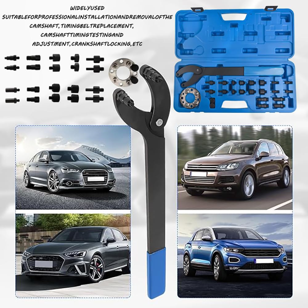 Chiave di Serraggio per Alberi a Gomiti e Fissaggio Pulegge|420mm Lunghezza,Apertura Max 146mm|Metallo e ABS Nero|Compatibile con VW Audi Skoda|Attrezzo per Fissare Pulegge su Pompe Olio, Smorzatori