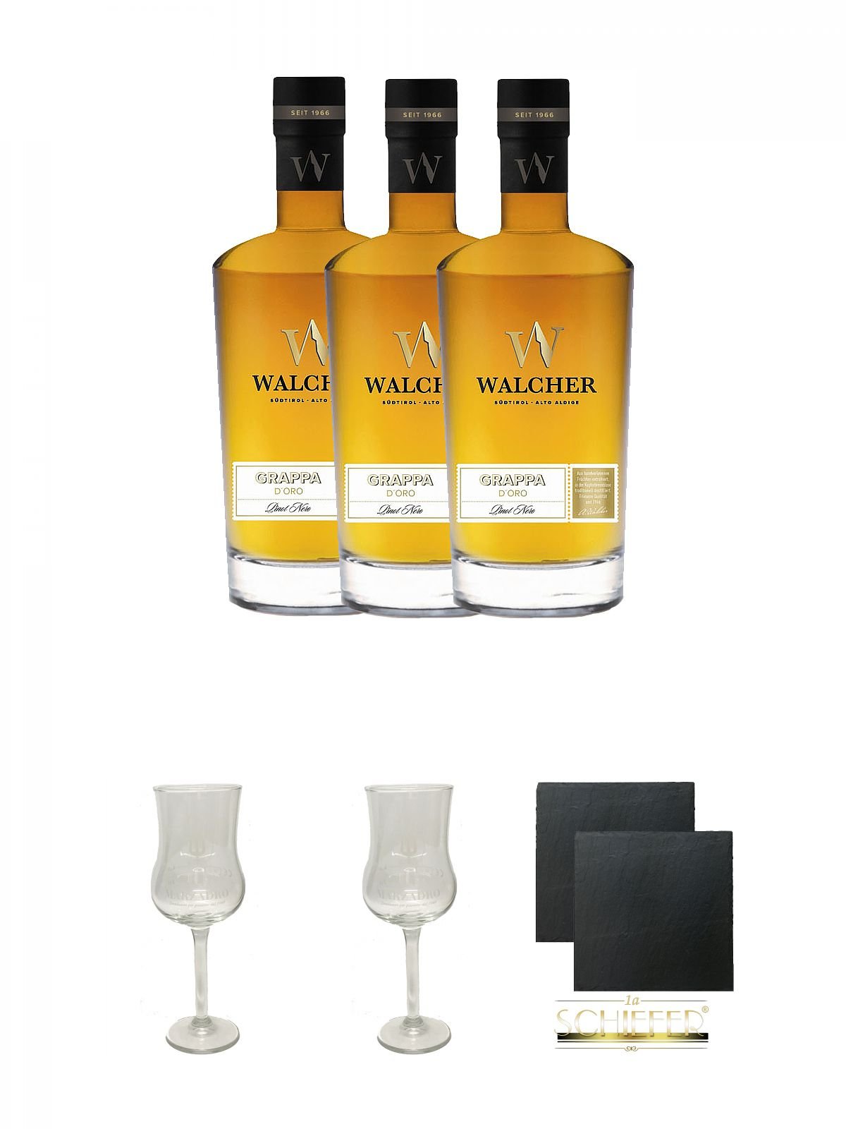 Walcher Grappa d'Oro 3 x 0,7 Liter + Gläsergeschenkset