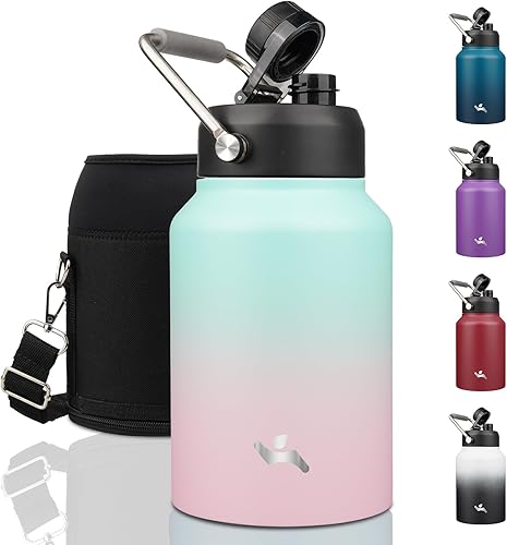 Miniatura 36 de Jarra de medio galón con asa, botella de agua aislada de 64 oz con bolsa de transporte, botella de metal de acero inoxidable de doble pared con Día