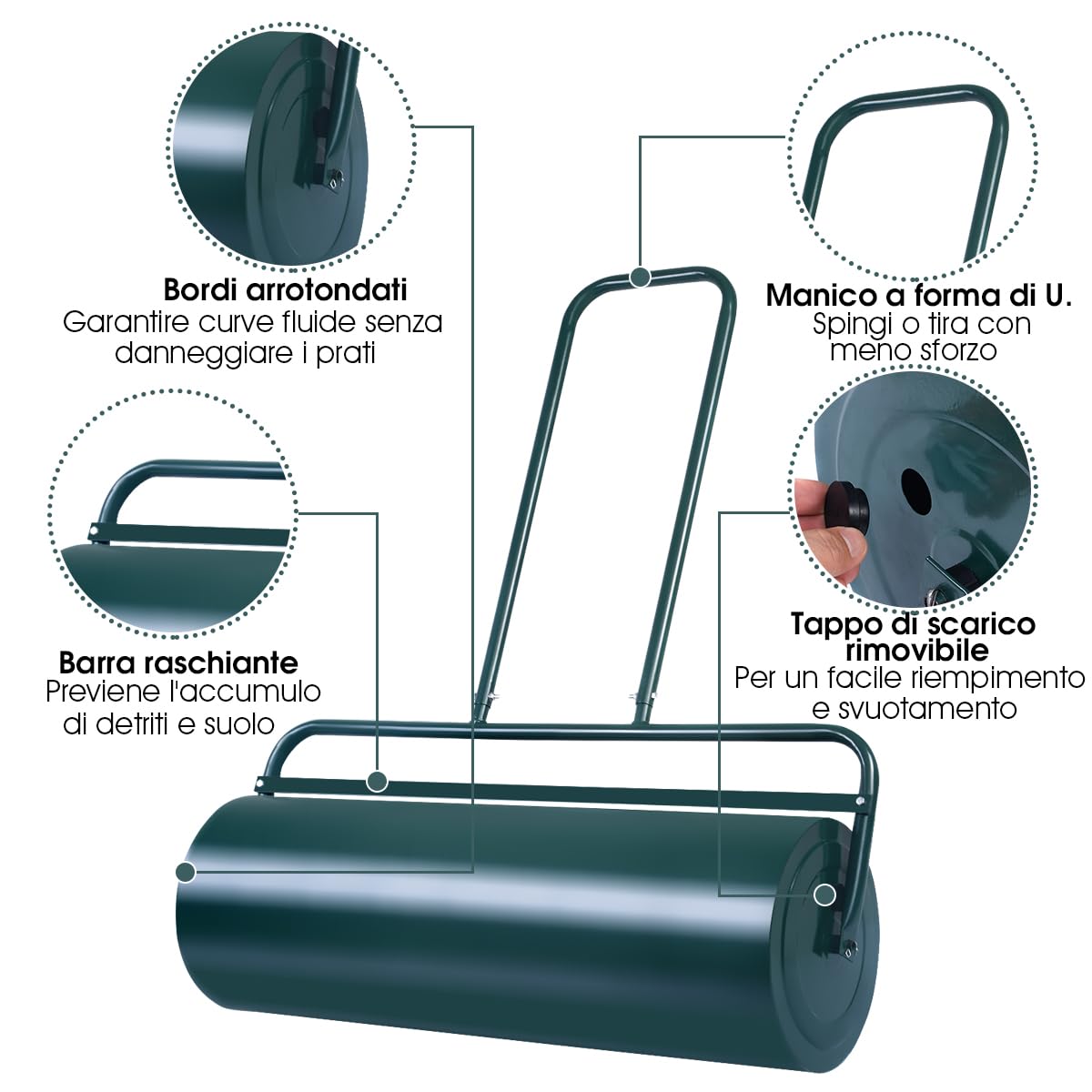 COSTWAY Rullo per Prato 90cm Ø30 63L Verde