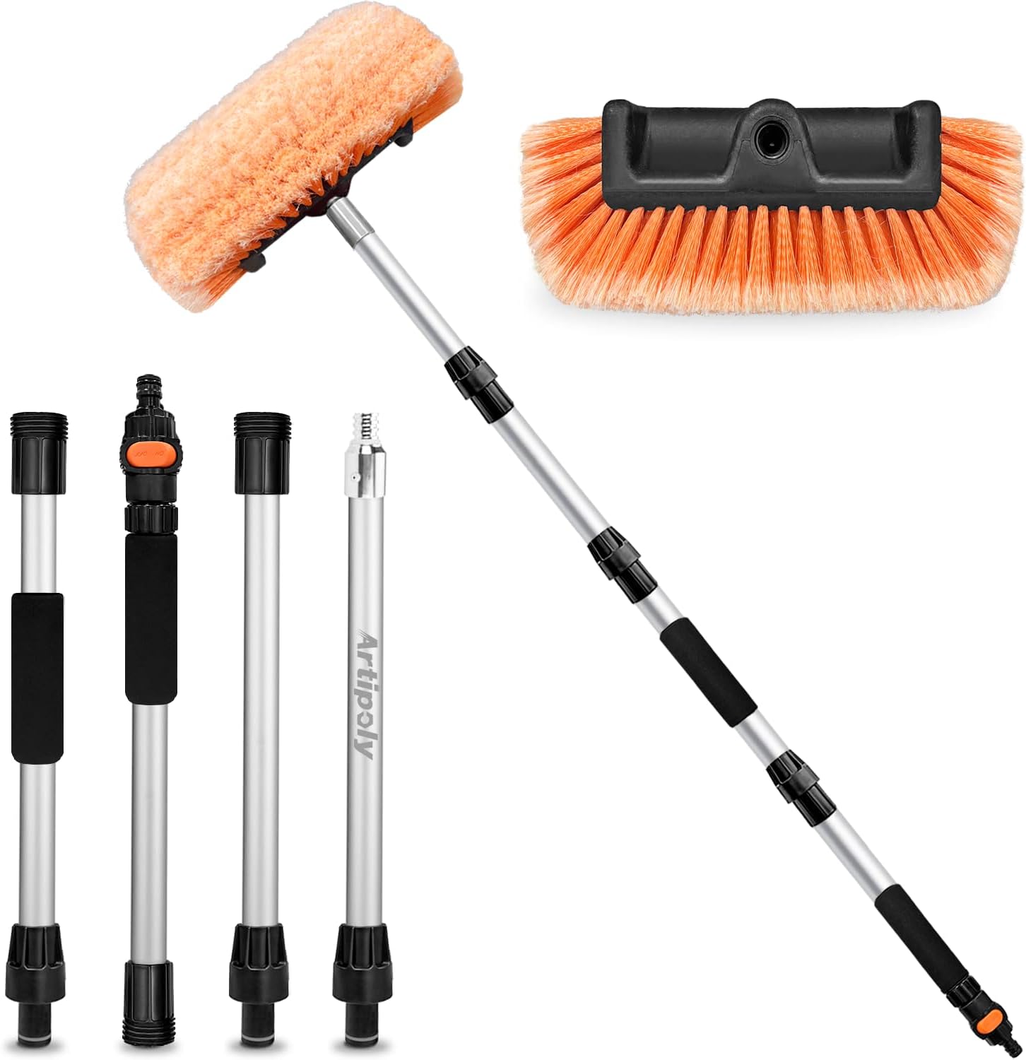 72" Car Wash Brush with Long Handle, Flow-Thru Soft Bristle Car Washing Brush with Extendable Handle and Hose Attachment and On/Off Switch for Car, RV, SUV, Truck, Boat, House Siding 70"