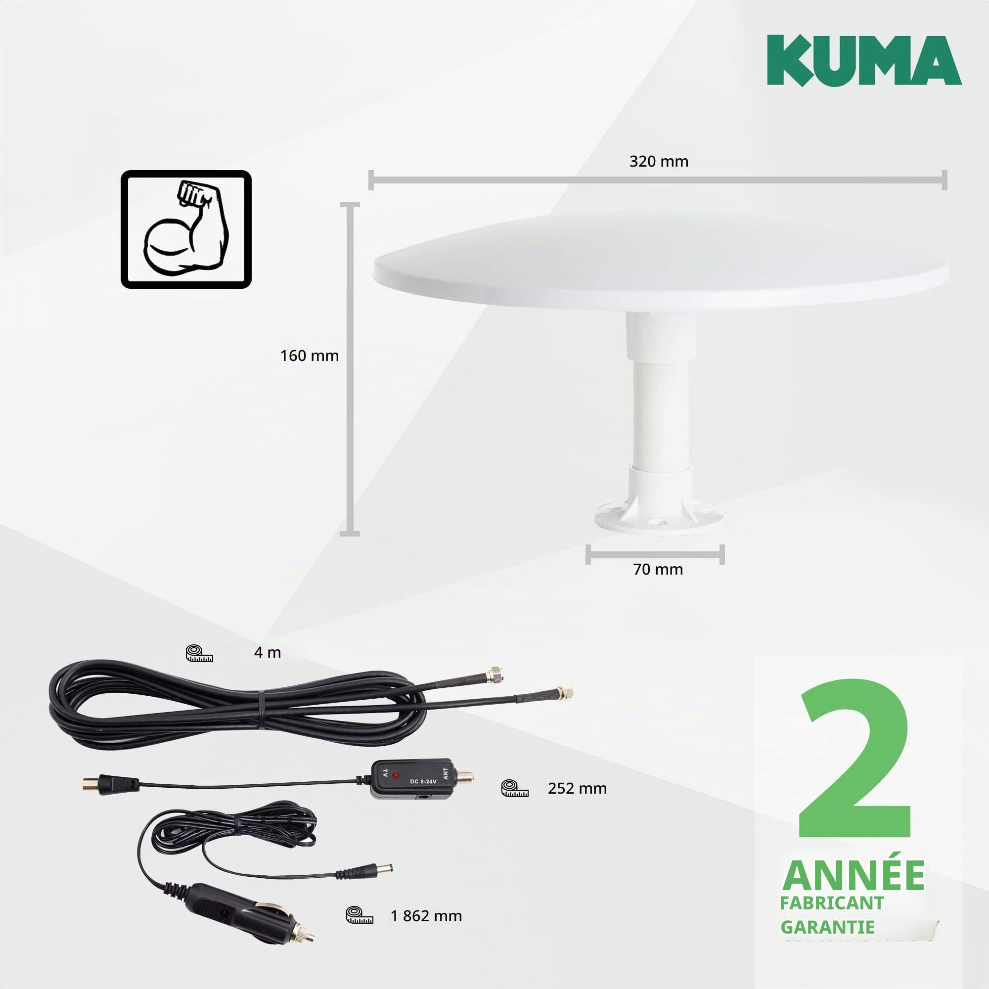 KUMA Cosmos Antenne TV Extérieure - Antenna TV Freeview Gain élevé avec Amplificateur Réception Longue Portée pour Caravane Camion Voiture Bateau - Kit Base à Vis pour Mât de Télévision Numérique HD