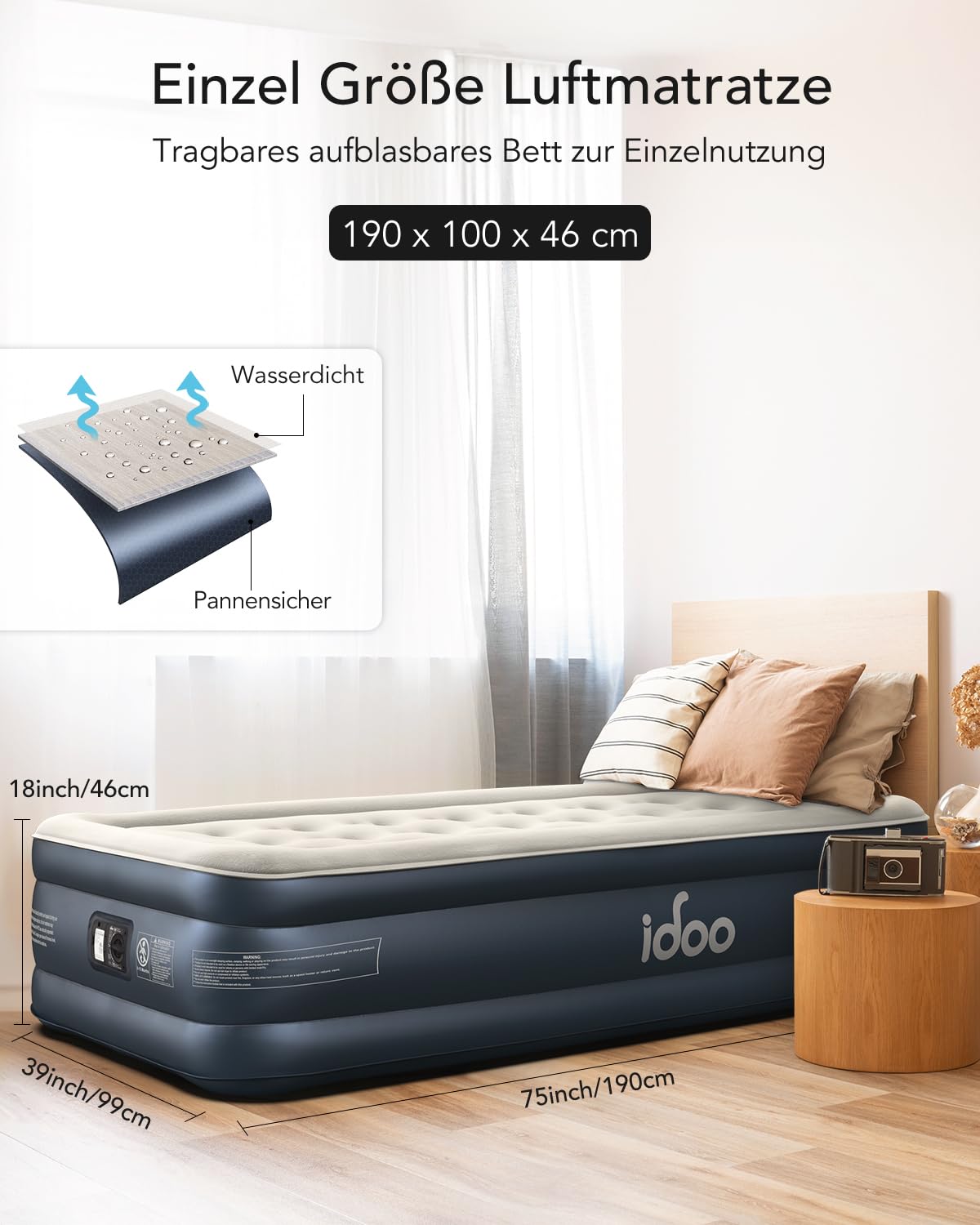 iDOO Luftbett 1 Person, Luftmatratze Selbstaufblasend Gästebett mit Integrierter Luftpumpe, Aufblasbare Matratze Schnelles Aufblasen/Luftablassen für Camping und Zuhause100x190x46cm, 250 kg Max
