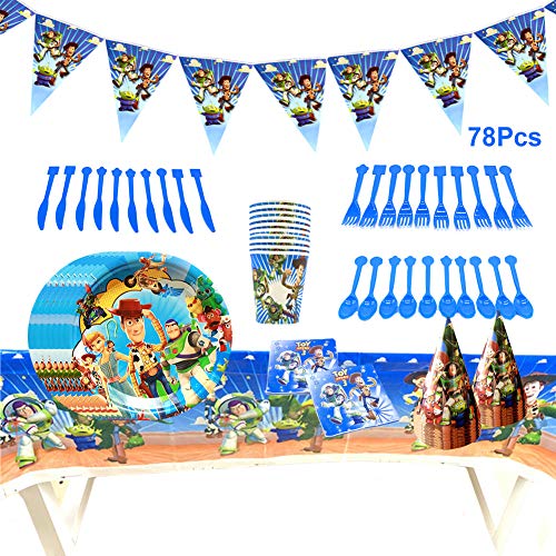 INTVN-Toy Story 4 para Fiestas,Juego de Cubiertos Desechables Incluye Pancarta Platos Cubiertos Servilletas Mantel Cucharas para Fiesta Baby Shower Set de 78 Piezas