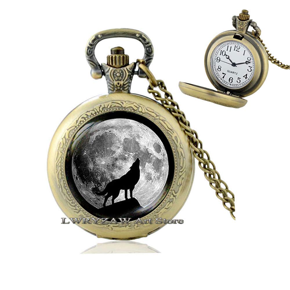 Howling Wolf Moon Pocket Watch Necklace, Wolf Pocket Watch Necklace, Full Moon Pocket Watch Necklace, Wolf Pendant, Wolf Lover Gift, Howling Wolf Pendant,M203
