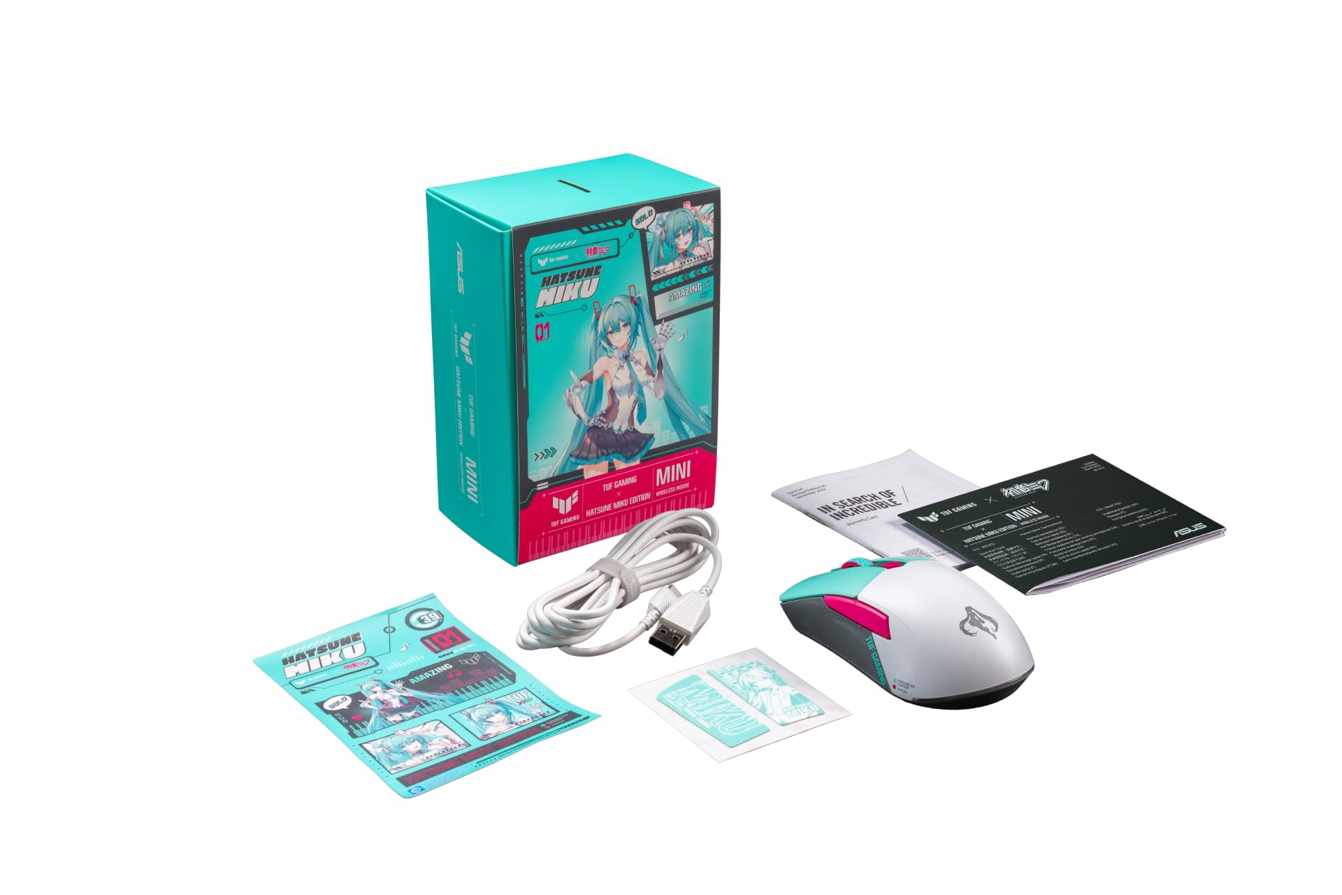 ASUS TUF Gaming Hatsune Miku Edition Mini mouse wireless – per destrorsi, 65 g, leggero, compatto, connettività tri-mode, DPI 12K, batteria fino a 134 ore, logo RGB Miku, supporto PC/Mac - Aqua