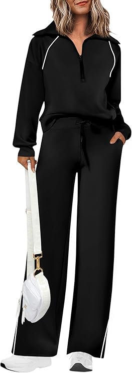 PRETTYGARDEN Women's 2 Piece Outfits Casual Lapel Half Zip Sweatshirts and Wide Leg Pants Tracksuit Sets