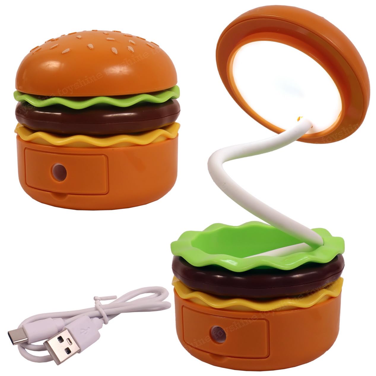 Toyshine 2 in 1 Hamburgur Shape Table Lamp Rechargeable Adjustable Small Desk Lamp with Pencil Sharpener for Study Room Home Office Kid Gifts, LED, Plastic, Multicolour
