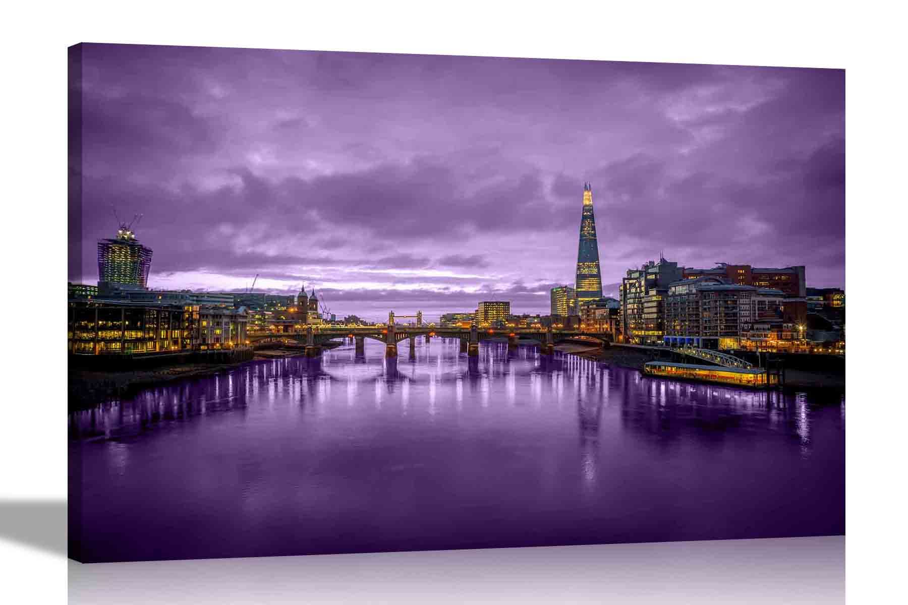 Artley Prints Multicoloured London At Night With Purple Sky Canvas Wall Art Prints And Pictures For Living Room Stretched Framed Home Office Decoration Cityscape Artwork 86 X 61Cm (34 X 24 Inches) A1