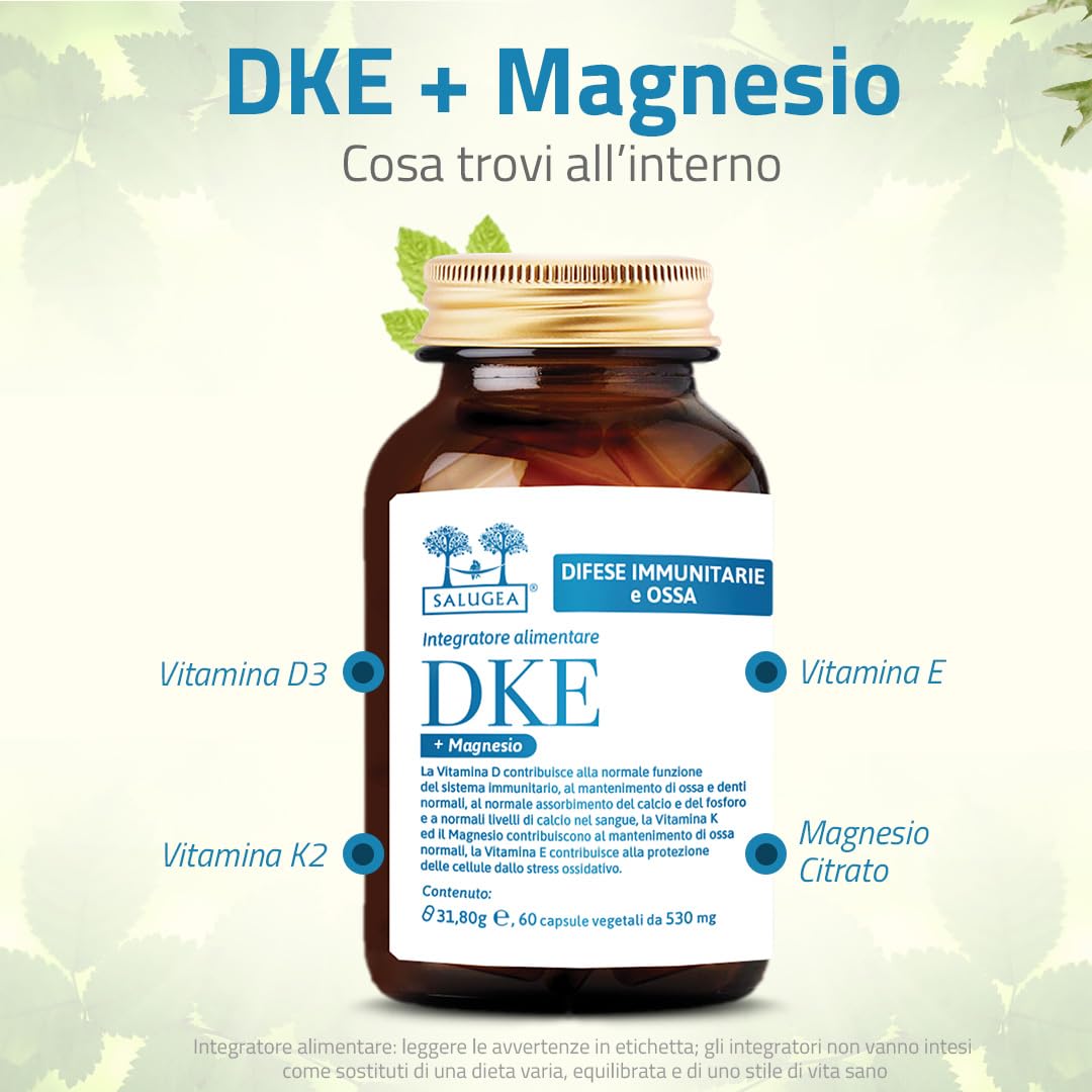 DKE + Magnesio Salugea - Integratore di Vitamine D3, K2, E e Magnesio - 100% Naturale - 60 Capsule Vegetali - Flacone in Vetro Scuro Farmaceutico