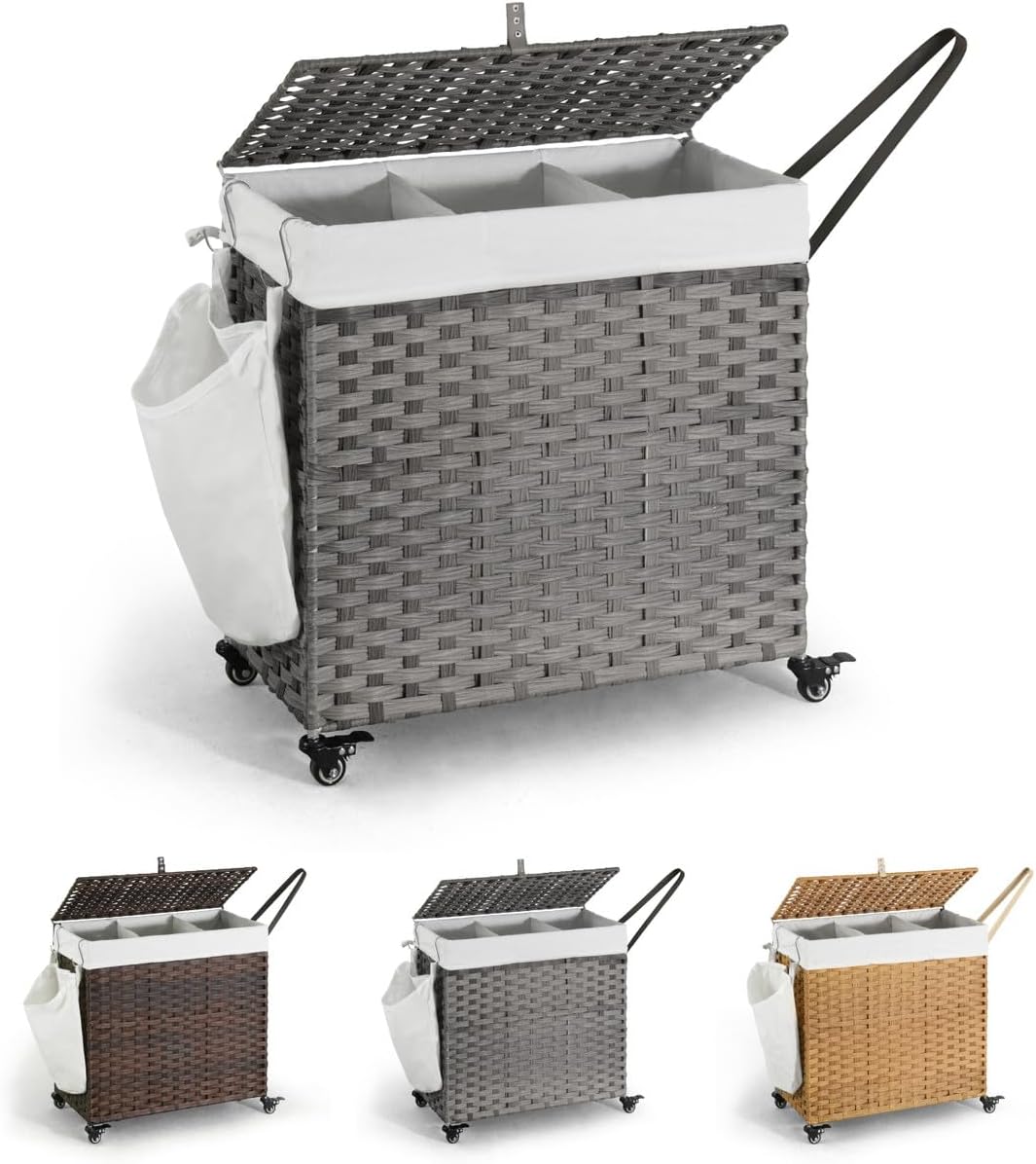 CAPHAUS Handwoven Basket w/Lid for Storage, Synthetic Rattan Laundry Hamper w/Wheels, Clothes Hamper for Laundry, Laundry Basket w/Lid, Removable Liner Bags, Mesh Bags, Pulling Strap, 140L, Grey