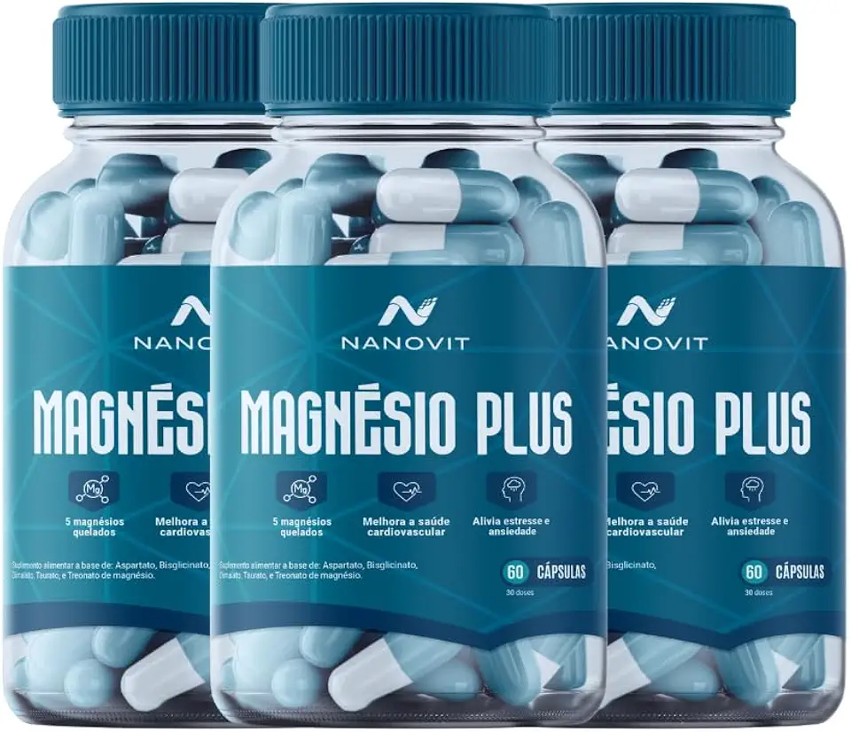 Kit 3 Magnésio Plus - 5 em 1 Quelato 100% Natural 60 caps Nanovit