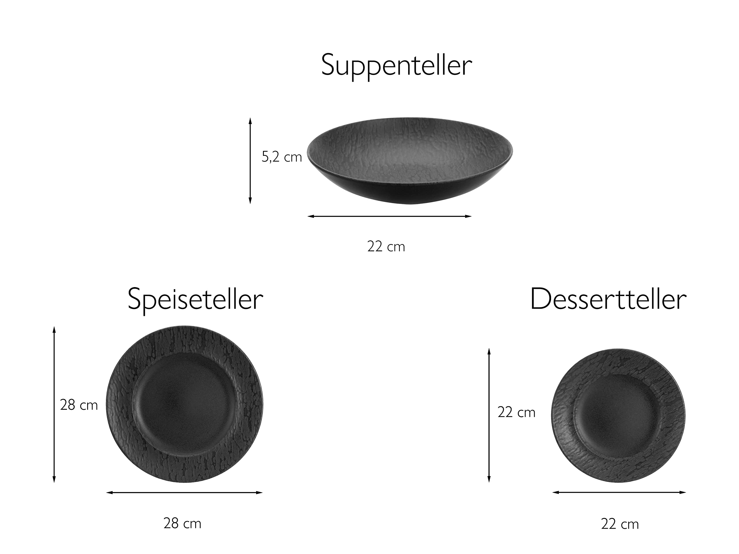 Creatable, 33320, Serie Rondo SCHIEFER black, 12-teiliges Geschirrset, Teller Set aus Steinzeug, spülmaschinen- und mikrowellengeeignet, Made in Portugal