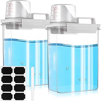 2 Pcs 1800ml Laundry Detergent Dispenser with Measuring Cup, Airtight Washing Powder Storage Container Box, Laundry Powder Storage Container for Rice Pet Dry Food Cereal Containers + Sticker & Pen