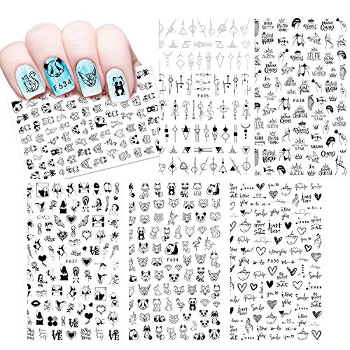 5 Sheets Black White Nail Art Stickers, 3D Roses, Hearts, Animals, Pandas, etc Self adhesive Nail Decals Art Design for DIY Nails Design Manicure Tips Nail Art Decor