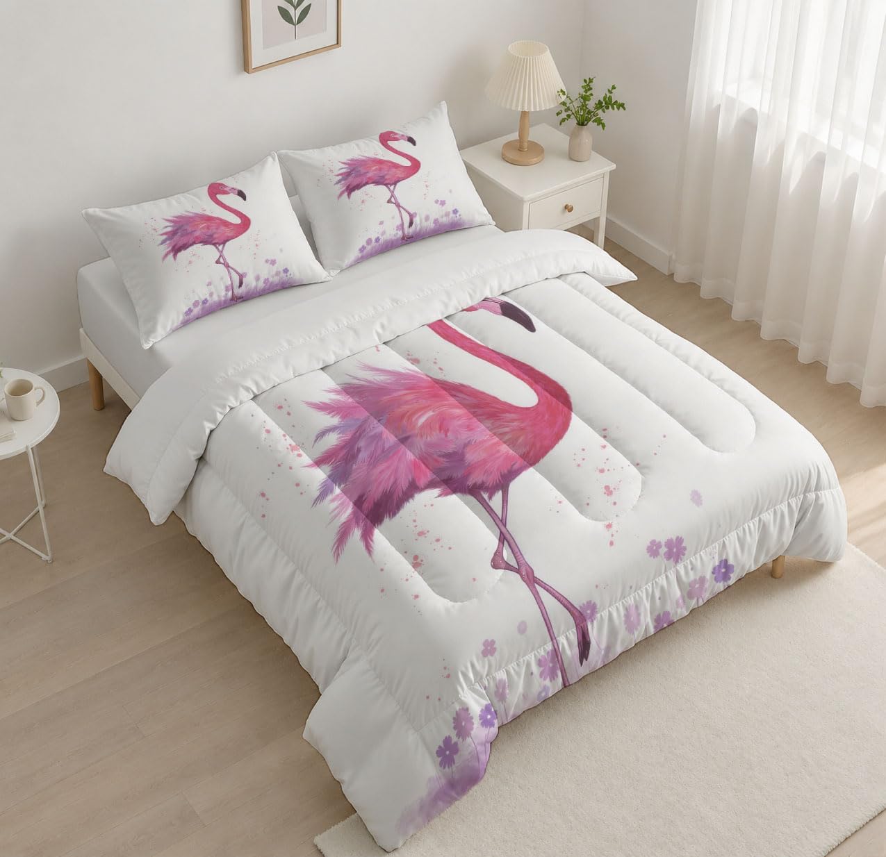 Minimalist Style Comforter Set Full Size, Watercolor Flamingos Bedding Set for Girls Boys, Rose Pink Quilt Bed 79"X90" Bedding Comforter Sets with 2 Pillowcase Room Decor