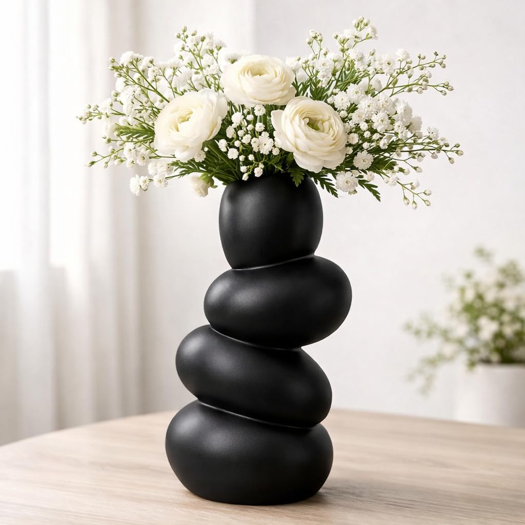 ThinKraft Stacked Pebble Ceramic Vase | 21.6 cm | White | Flower Vase | Pampas Grass Vase | Home Decor | Centerpiece | Gift (Black, pebbel 9 inch)-image-22