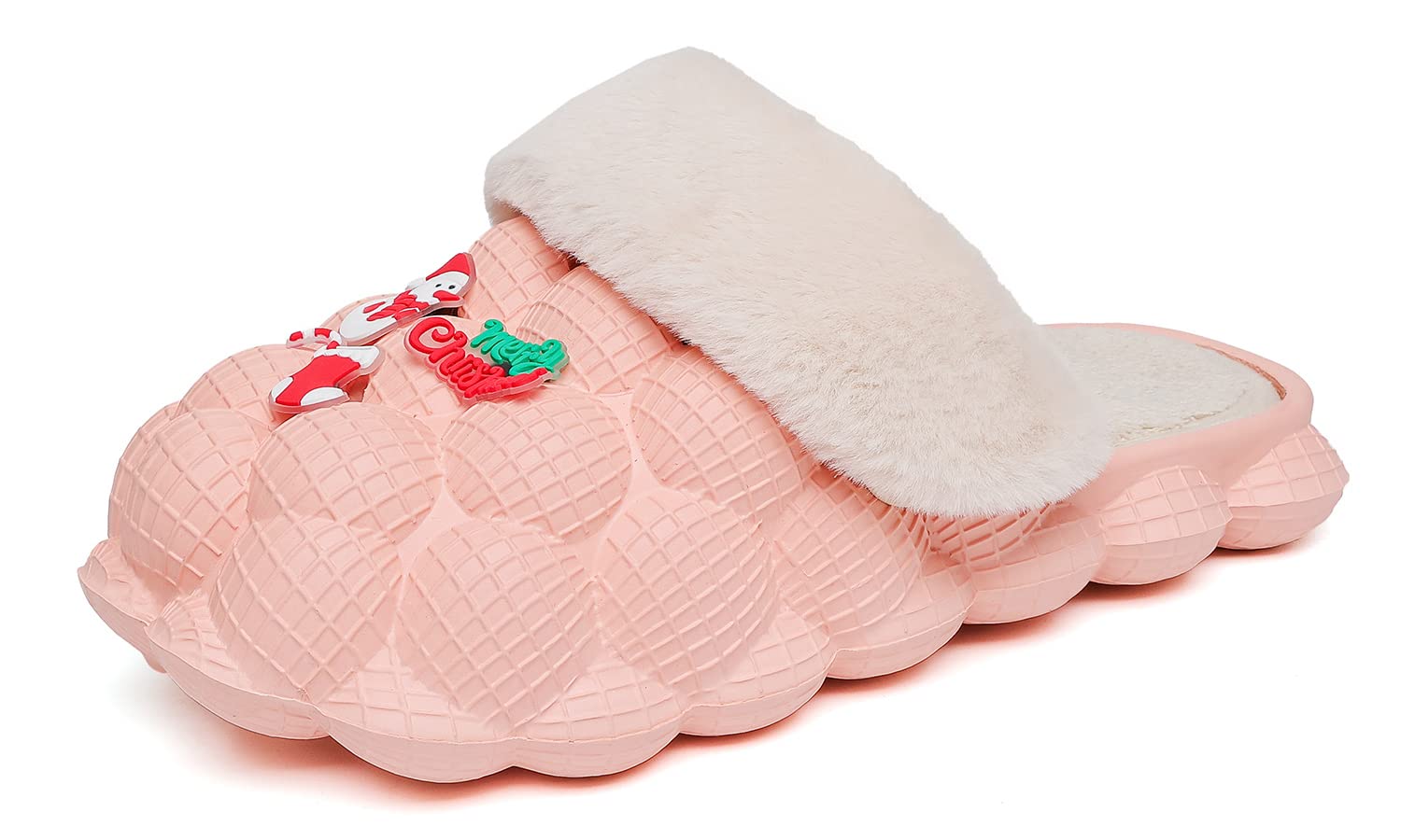 INMINPINMens Womens Fuzzy Fur Bubble Slippers Funny Lychee Bubble Slides Winter Comfy Plush Slippers Indoor Outdoor with Christmas Charms