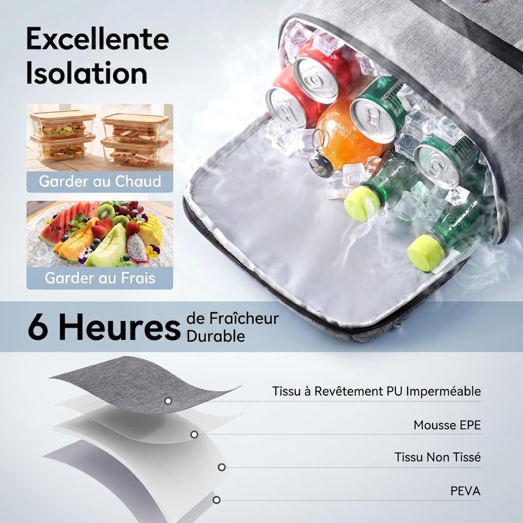 Lifewit Sac a Dos Isotherme 28L, Sac à Dos Glaciere Portable avec Doublure Imperméable, Glaciere Souple Isotherme pour Voyages, Camping, Randonnée, Pique-Niques, Plage, Gris