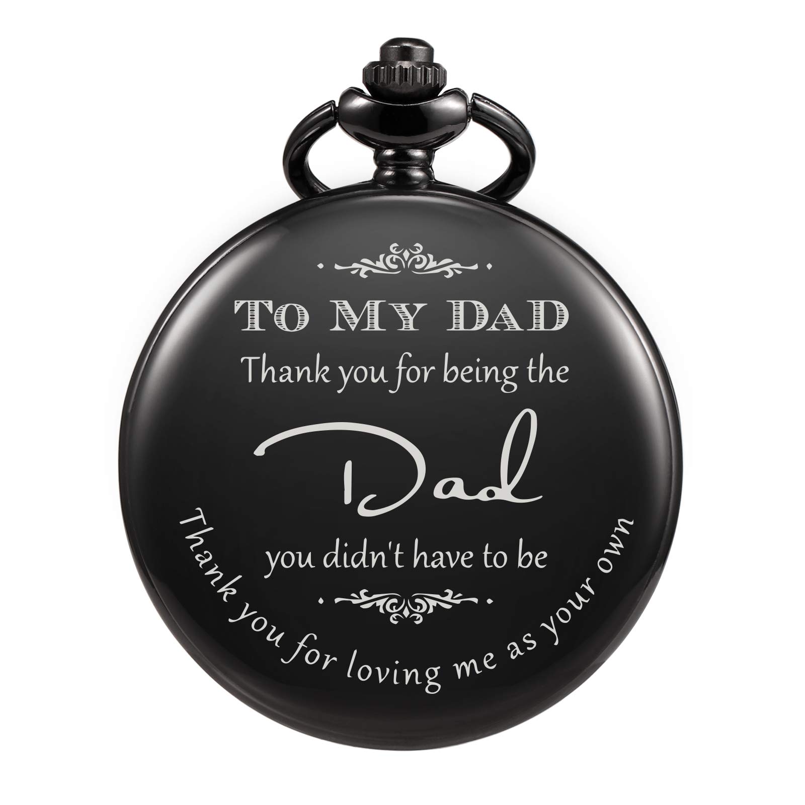 TREEWETO Pocket Watch Men Personalized Engraving “Thank You for Being The Dad Quartz Watches from Daughter Child to DAD Father Engraved with Chain (Black)