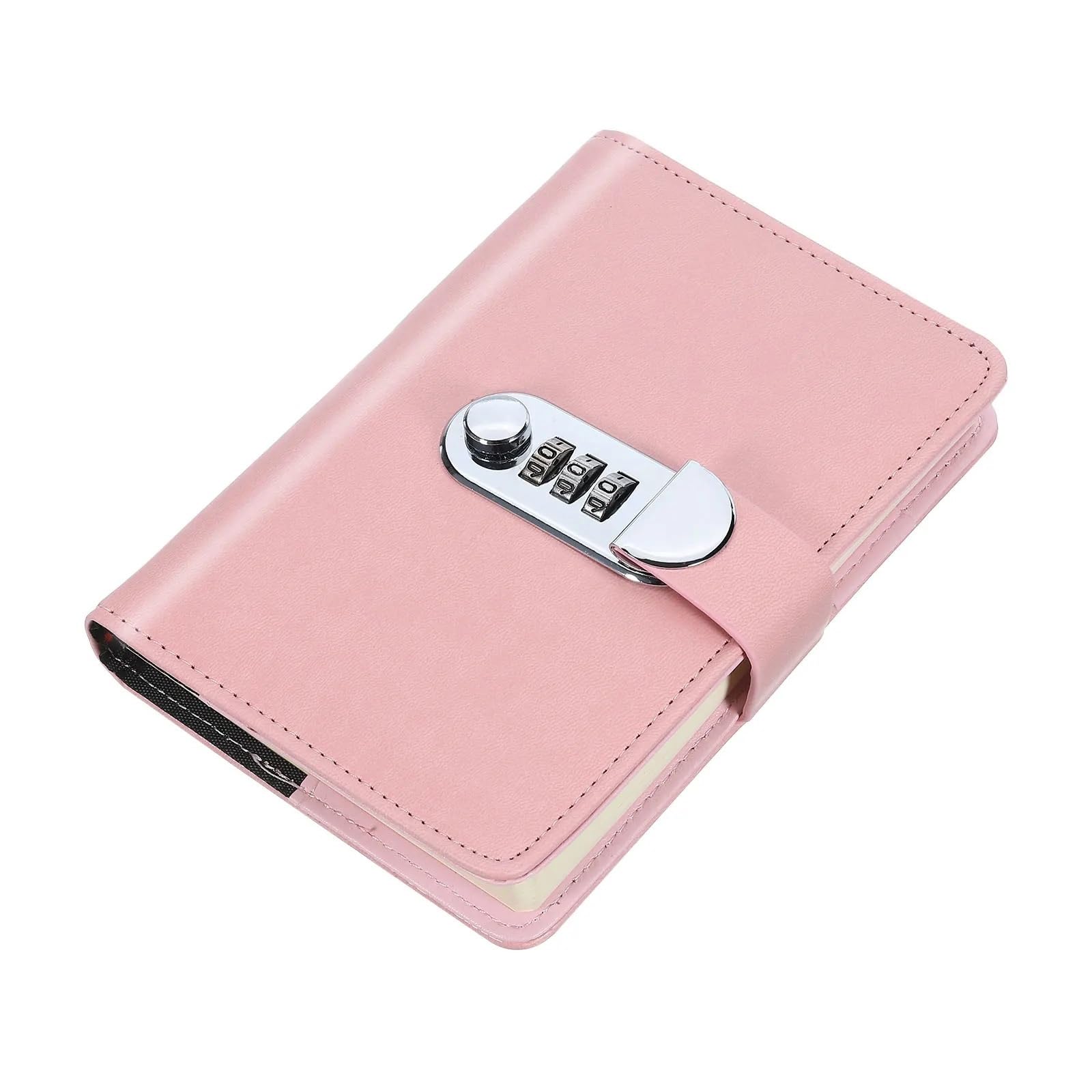 A6 Tagebuch mit Schloss Journal süße Journaling Leder Notebook 128 Seiten Stift Slot Karte wasserdicht(Pink)