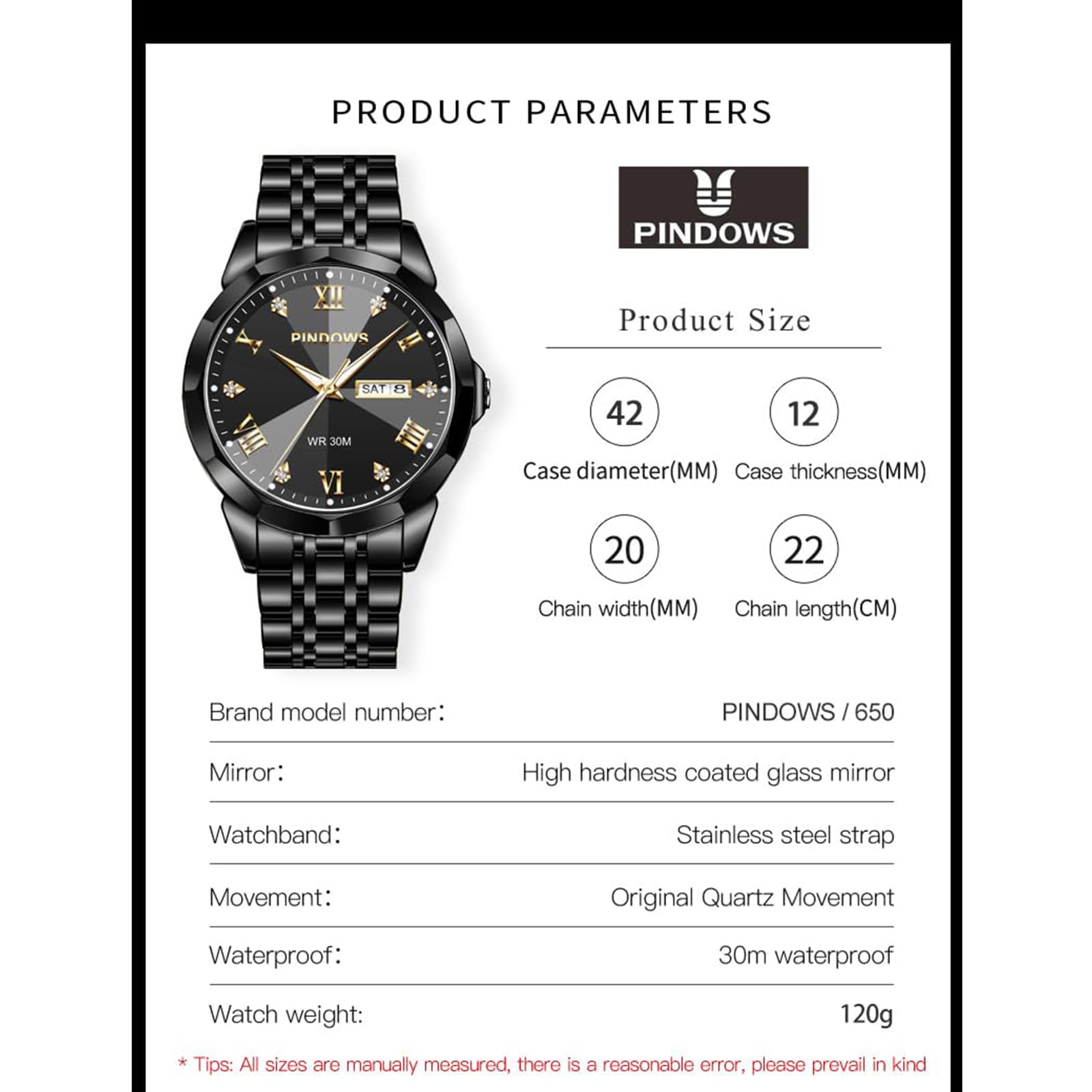 PINDOWS Herrenuhren Luxus Quarz-Analoguhr Datumsanzeige und großem Ziffernblatt wasserdichte modische Business-Armbanduhr Elegante zweifarbige Edelstahl-Klassiker-Herrenuhr mit beleuchtetem Kalender