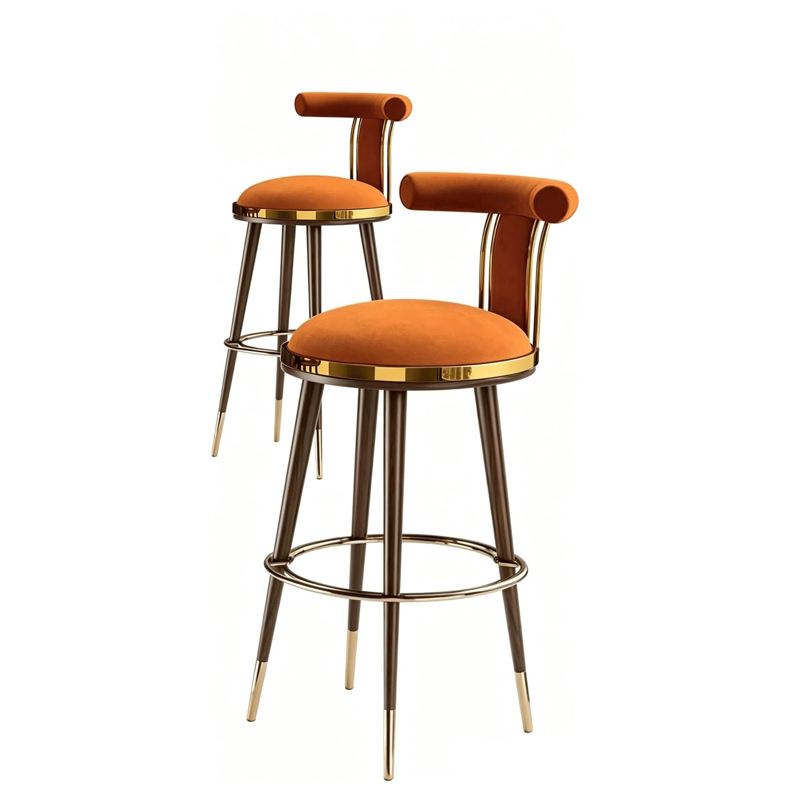 HNYJVZEVG Set of 2 Bar Chairs Velvet Upholstered Bar Stool Farmhouse High Chairs with Back and Footrest Stools Armless Metal Legs Counter Stools(Orange,65cm)