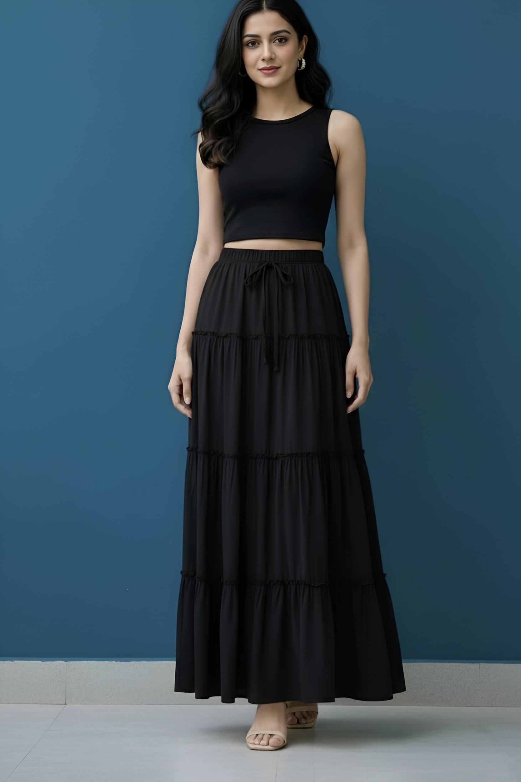 slf india Women's Rayon Full Length Maxi Skirt | Solid Black & White Regular Fit Skirt with Elasticated Waistband and Drawstring-picture-31