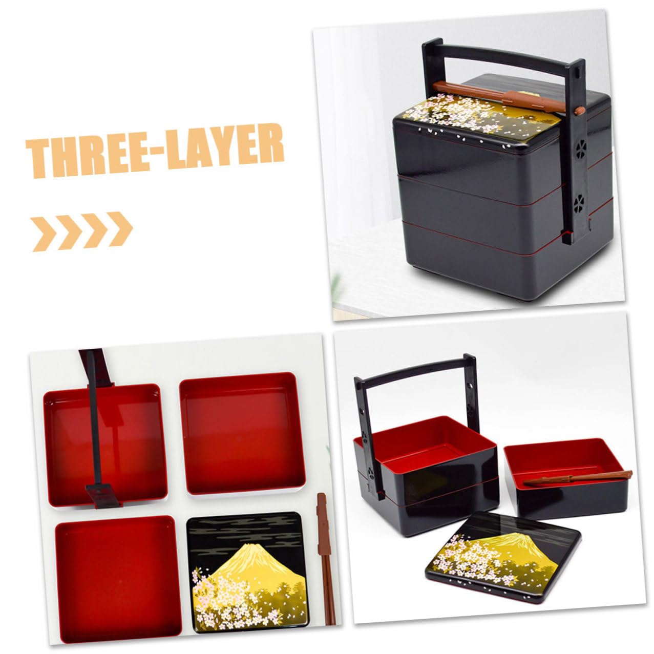 Boîte Bento Japonaise Noire à 3 Niveaux, Boîte à Lunch Portable en Abs Réutilisable, Hermétique et Pratique, pour Pique-niques et Rangement Alimentaire