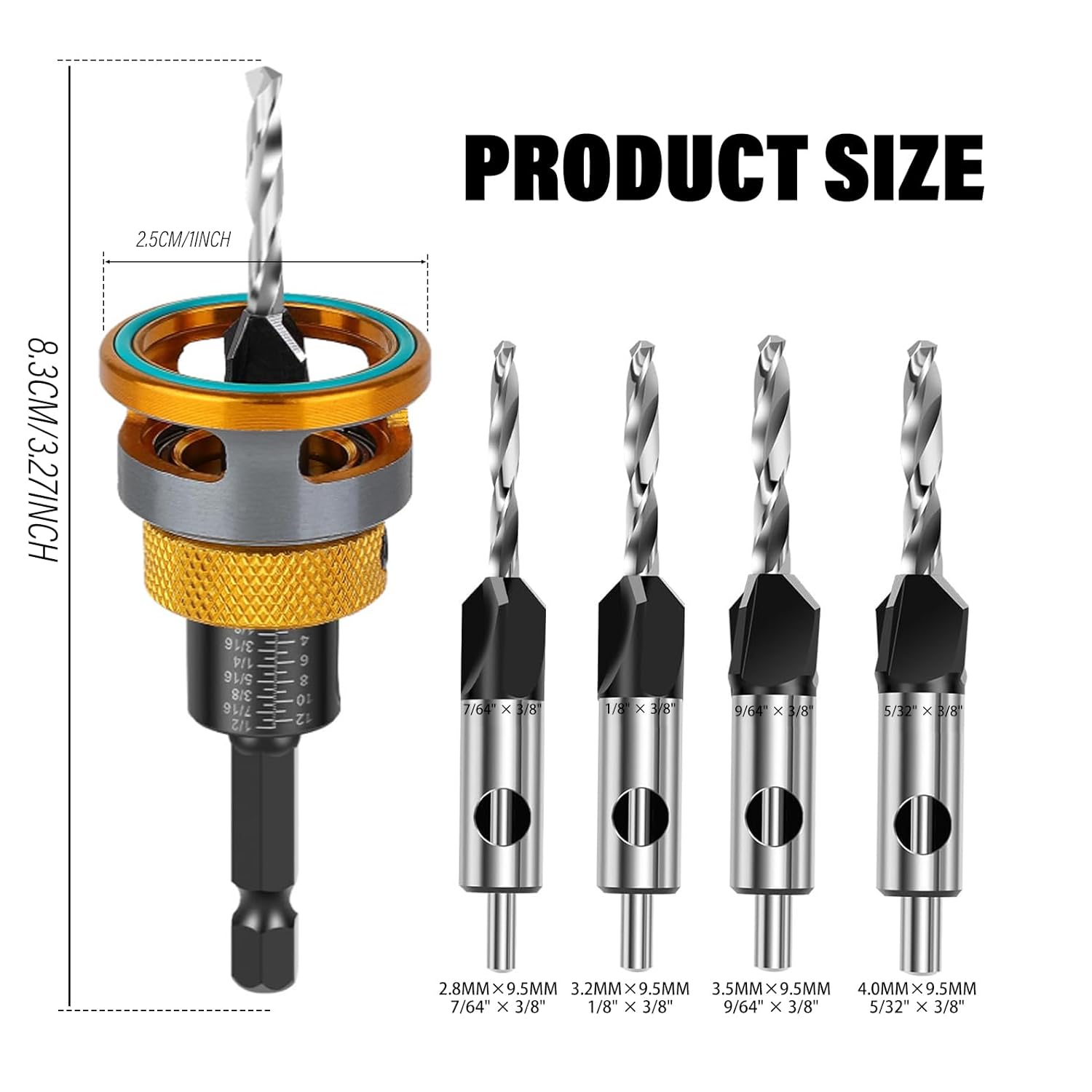 Countersink Drill Bit Set with Depth Stop 4PCS, HCS Four Blades Countersink Bits with Adjustable Depth Stop and L Shape Wrench, Wood Countersink Bit Set for Wood, Plastic, Woodworking