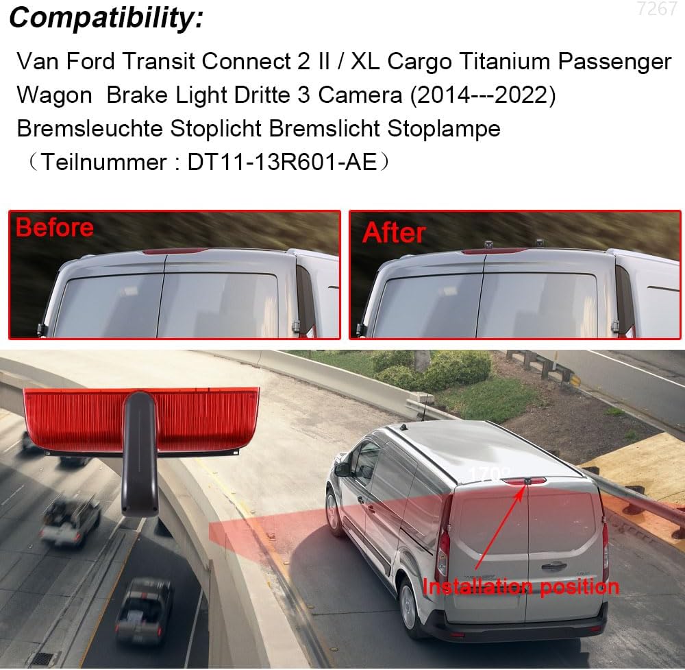 HD Auto Transporter Caravan Van Brake Light Roof Rear View Reversing Backup Dual-Lens Camera with Angle Adjustable Compatible with Ford Transit Connect 2/XL Cargo Titanium Passenger Wagon SUV MPV Bus