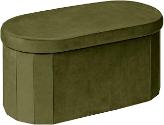 Bonlife Velvet Ottoman Storage Bench, Foldable Storage Chest with Lid,Oval Footstool for Living Room Bedroom Hallway, 76x38x38cm,Olive